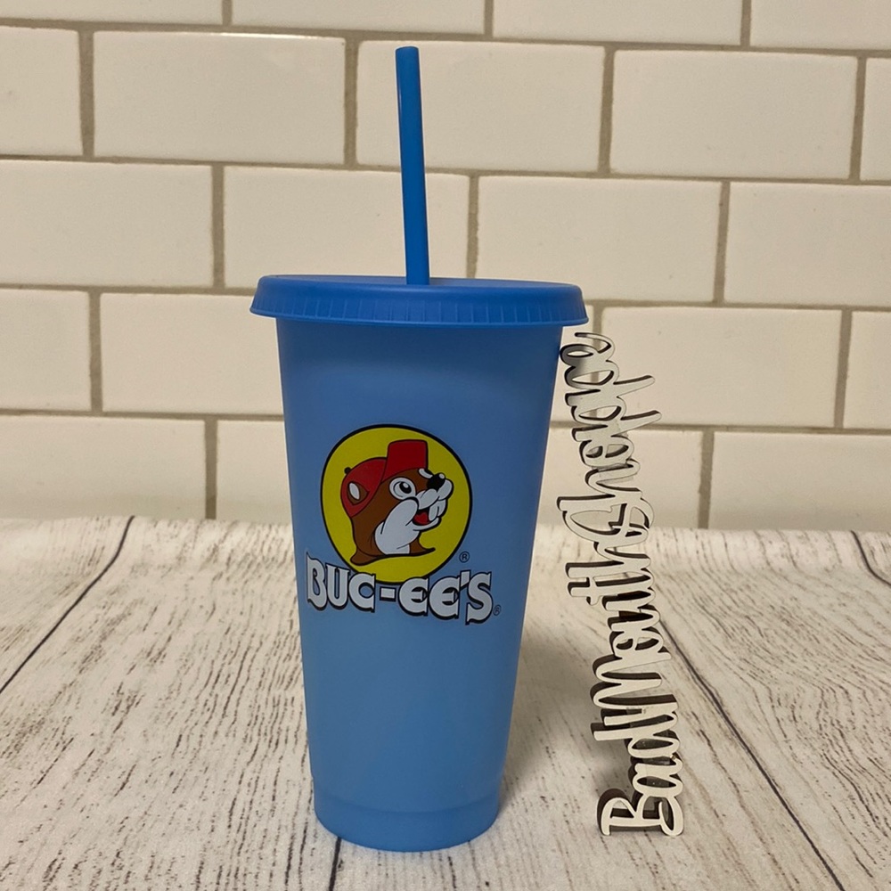 Buc-ee's Gas Station Blue Color Changing Reusable Tumbler Cup with Straw